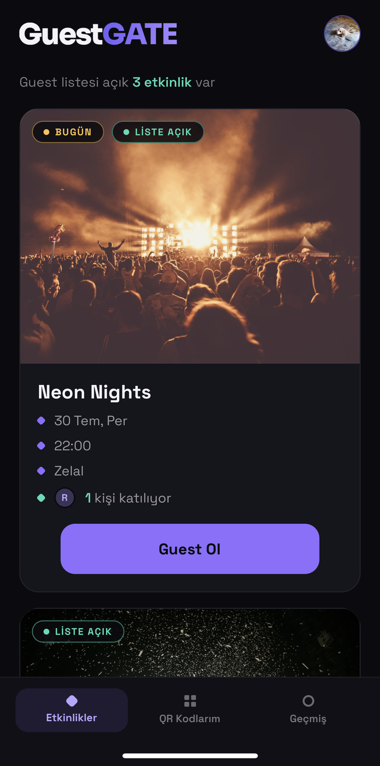 GuestGATE etkinlik listesi ekranı